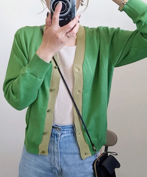 aquagarage（アクアガレージ）の「配色ハイゲージニットカーディガン（カーディガン/ボレロ・レディース・ブラック/グレイッシュブルー/グリーン/ベージュ・M/L）」の3枚目の写真