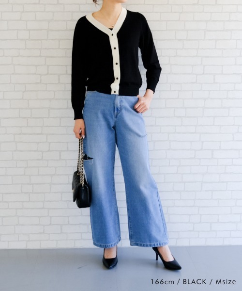 aquagarage（アクアガレージ）の「配色ハイゲージニットカーディガン（カーディガン/ボレロ・レディース・ブラック/グレイッシュブルー/グリーン/ベージュ・M/L）」の6枚目の写真