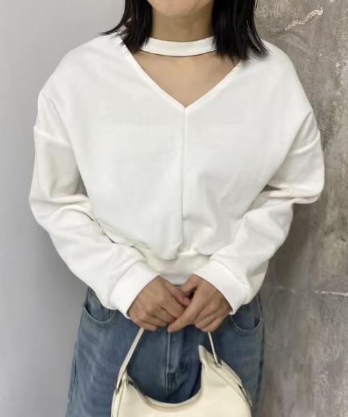 mebole(メボレ)の「2way choker Vネックトップス(Tシャツ/カットソー・レディース・ホワイト/ブラック・FREE)」の1枚目の写真