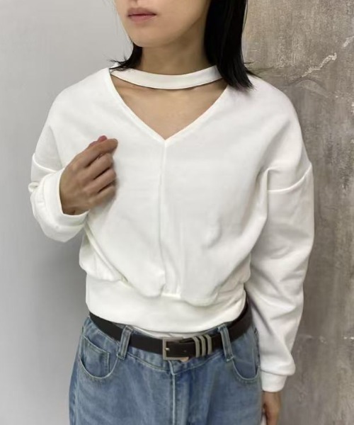mebole(メボレ)の「2way choker Vネックトップス(Tシャツ/カットソー・レディース・ホワイト/ブラック・FREE)」の5枚目の写真