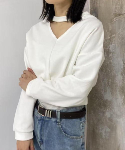 mebole(メボレ)の「2way choker Vネックトップス(Tシャツ/カットソー・レディース・ホワイト/ブラック・FREE)」の9枚目の写真