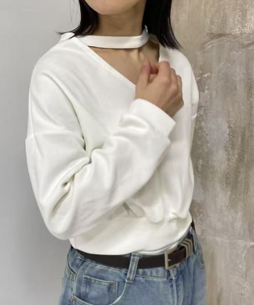 mebole(メボレ)の「2way choker Vネックトップス(Tシャツ/カットソー・レディース・ホワイト/ブラック・FREE)」の10枚目の写真