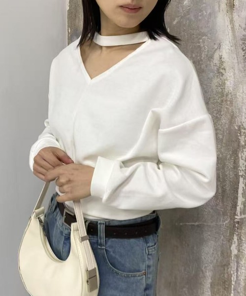 mebole(メボレ)の「2way choker Vネックトップス(Tシャツ/カットソー・レディース・ホワイト/ブラック・FREE)」の13枚目の写真