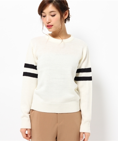 SEVENDAYS=SUNDAY（セブンデイズサンデイ）の「両袖ライン入ニット　プルオーバー（ニット/セーター・レディース・グレー/カーキ/オートミール/ネイビー・MEDIUM/LARGE）」の5枚目の写真