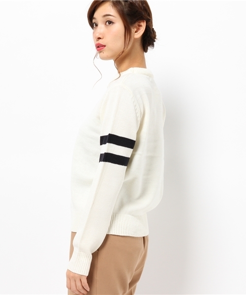 SEVENDAYS=SUNDAY（セブンデイズサンデイ）の「両袖ライン入ニット　プルオーバー（ニット/セーター・レディース・グレー/カーキ/オートミール/ネイビー・MEDIUM/LARGE）」の6枚目の写真