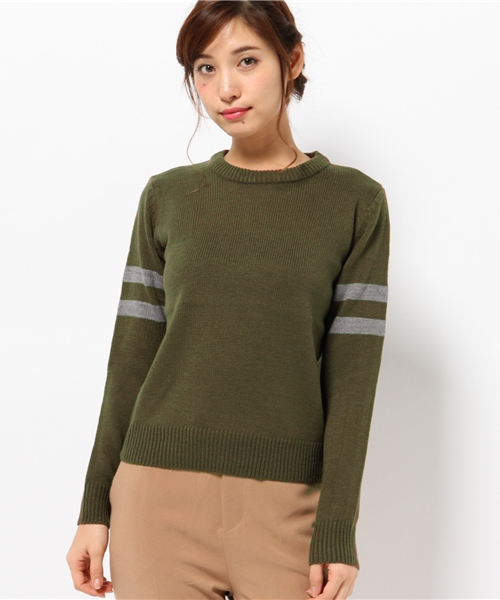 SEVENDAYS=SUNDAY（セブンデイズサンデイ）の「両袖ライン入ニット　プルオーバー（ニット/セーター・レディース・グレー/カーキ/オートミール/ネイビー・MEDIUM/LARGE）」の14枚目の写真