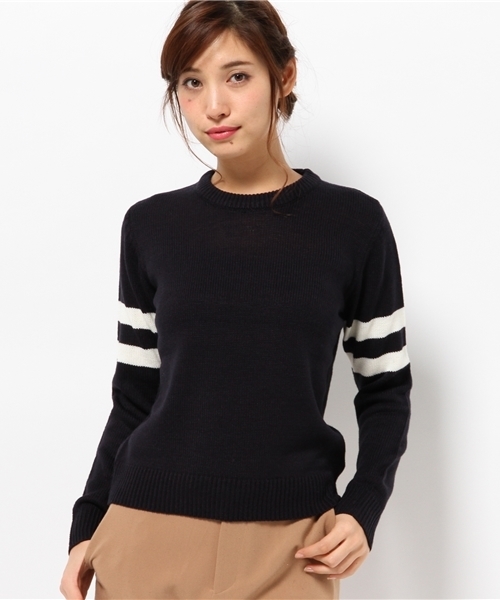 SEVENDAYS=SUNDAY（セブンデイズサンデイ）の「両袖ライン入ニット　プルオーバー（ニット/セーター・レディース・グレー/カーキ/オートミール/ネイビー・MEDIUM/LARGE）」の12枚目の写真