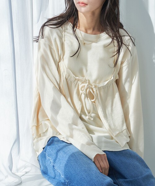 coen(コーエン)の「配色リブキャミソールセット(Tシャツ/カットソー・レディース・ナチュラル/ライトブルー/ブラック・M/L)」の3枚目の写真