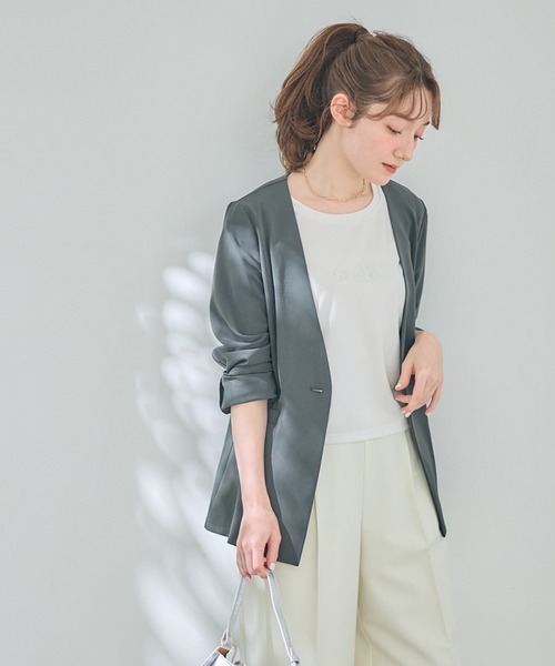 12Twelve Agenda(トゥエルブ アジェンダ)の「ウォッシャブルカラーレスロングジャケット(テーラードジャケット・レディース・アイボリー/グレイッシュベージュ/チャコールグレー・M)」の12枚目の写真