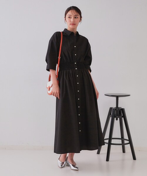 セール】《5色展開》フィット＆フレアシャツワンピース【洗濯機