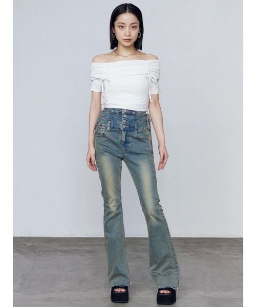 EMODA サイドオープンハイウエストフレアパギンス xsサイズ セール】サイドオープンハイウエストフレアパギンス（デニム