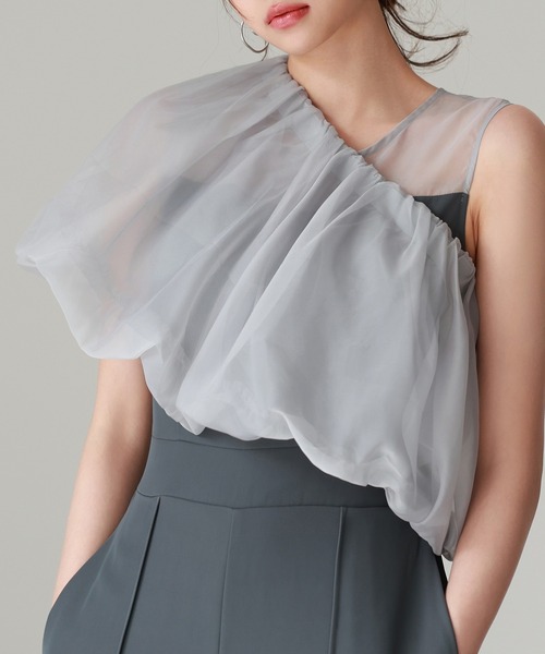 SAISON DE PAPILLON（セゾンドパピヨン）の「オーガンジートップスとオールインワンの2点セット（サロペット/オーバーオール・レディース・ブラック/チャコール・L/M/S）」の16枚目の写真