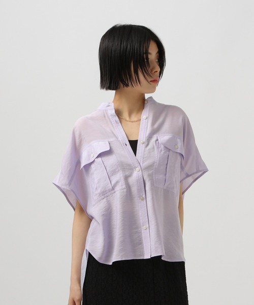 BAYFLOW（ベイフロー）の「[ショートとロングで選べる着丈]シアーワークシャツ（シャツ/ブラウス・レディース・ライトグリーン/チャコール/オレンジ/ラベンダー/イエロー/オフホワイト・SMALL/MEDIUM）」の4枚目の写真