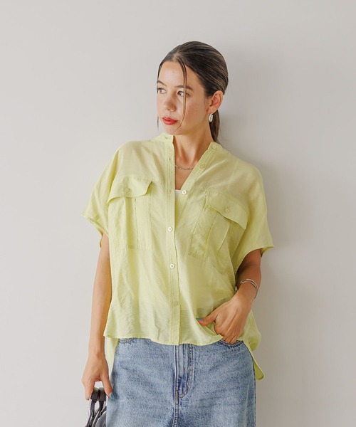 BAYFLOW（ベイフロー）の「[ショートとロングで選べる着丈]シアーワークシャツ（シャツ/ブラウス・レディース・ライトグリーン/チャコール/オレンジ/ラベンダー/イエロー/オフホワイト・SMALL/MEDIUM）」の5枚目の写真