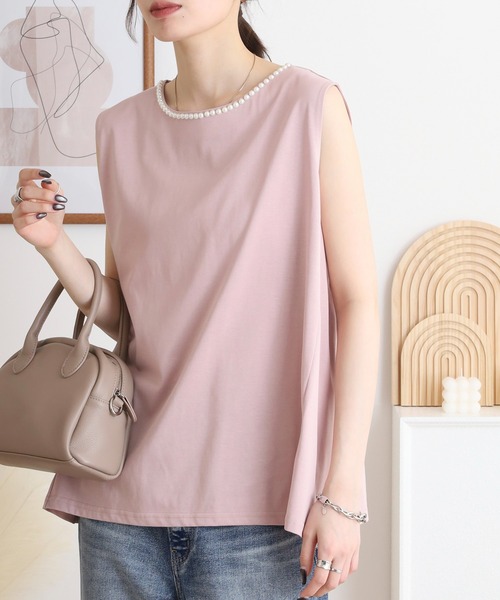 BRODIAEA（ブローディア）の「BRODIAEA パール付きノースリーブきれいめカットソー（Tシャツ/カットソー・レディース・オフホワイト/ブラック/ライトグリーン/ピンク・40）」の4枚目の写真
