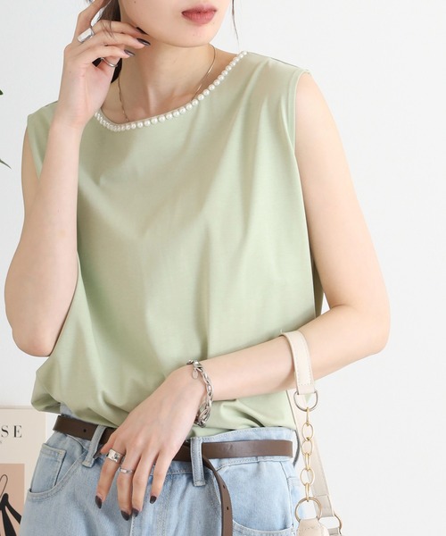BRODIAEA（ブローディア）の「BRODIAEA パール付きノースリーブきれいめカットソー（Tシャツ/カットソー・レディース・オフホワイト/ブラック/ライトグリーン/ピンク・40）」の13枚目の写真