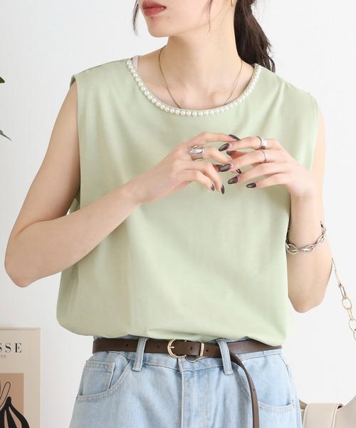 BRODIAEA（ブローディア）の「BRODIAEA パール付きノースリーブきれいめカットソー（Tシャツ/カットソー・レディース・オフホワイト/ブラック/ライトグリーン/ピンク・40）」の14枚目の写真