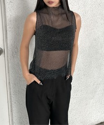【LVEU.】ハイネックラメシアーノースリーブトップス / トップス カットソー シアー メッシュ ラメ ノースリーブ ハイネック レイヤード インナー ブラック シルバー ZOZOTOWN限定