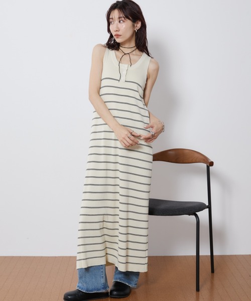 Auntie Rosa Holiday（アンティローザホリデー）の「ヘンリーネックニットロングワンピース（ワンピース・レディース・ブラック/ホワイト×ブラック/ブラック×ホワイト・FREE）」の14枚目の写真