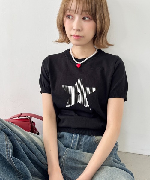 SOLLON.(ソルロン)の「スターモチーフ半袖チビトップス(Tシャツ/カットソー・レディース・レッド/ホワイト/ブラック・FREE)」の3枚目の写真
