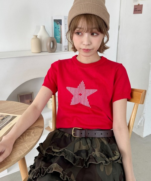SOLLON.(ソルロン)の「スターモチーフ半袖チビトップス(Tシャツ/カットソー・レディース・レッド/ホワイト/ブラック・FREE)」の14枚目の写真
