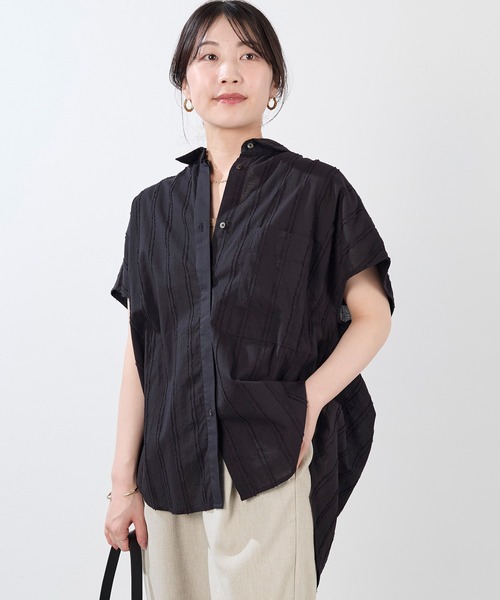 normment(ノーメント)の「【normment】ストライプジャガードブラウス-STRIPE JQD BLOUSE(シャツ/ブラウス・レディース・ブラック/ホワイト・FREE)」の1枚目の写真