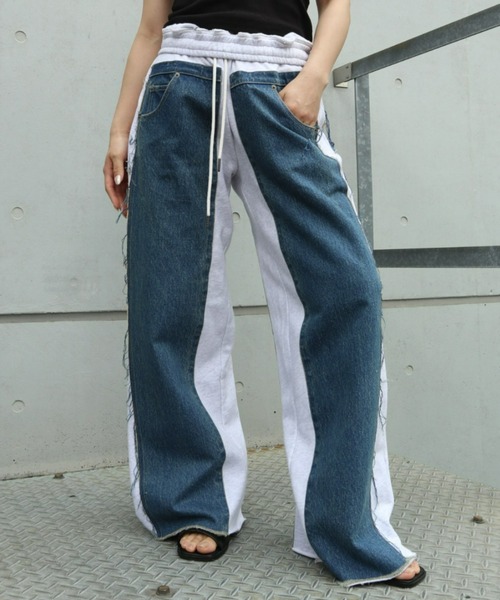 FIG&VIPER（フィグアンドバイパー）の「デニム×スウェットワイドPT（スウェットパンツ・レディース・ブルー/ダークブルー・FREE）」の2枚目の写真