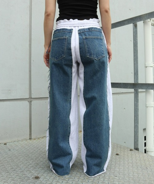 FIG&VIPER（フィグアンドバイパー）の「デニム×スウェットワイドPT（スウェットパンツ・レディース・ブルー/ダークブルー・FREE）」の4枚目の写真