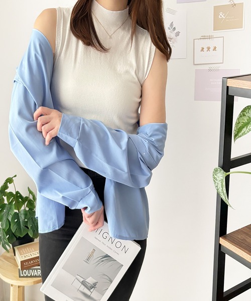 Dewlily(デューリリー)の「柔らかな落ち感で女性らしく、ゆるシルエット♪エアリーオーバーシャツ(シャツ/ブラウス・レディース・ホワイト/ブルー・M/L/S)」の15枚目の写真