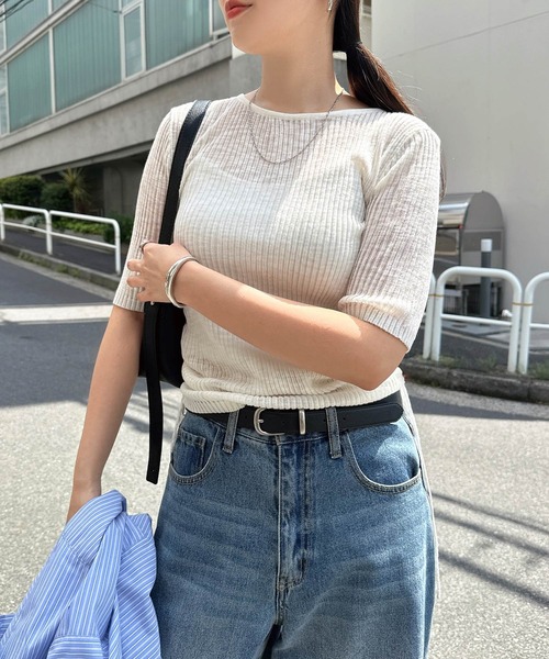 andme(アンドミー)の「シアーバックオープン半袖リブトップス(ニット/セーター・レディース・オフホワイト/ブラック/ブラウン系その他/ベージュ・M)」の15枚目の写真