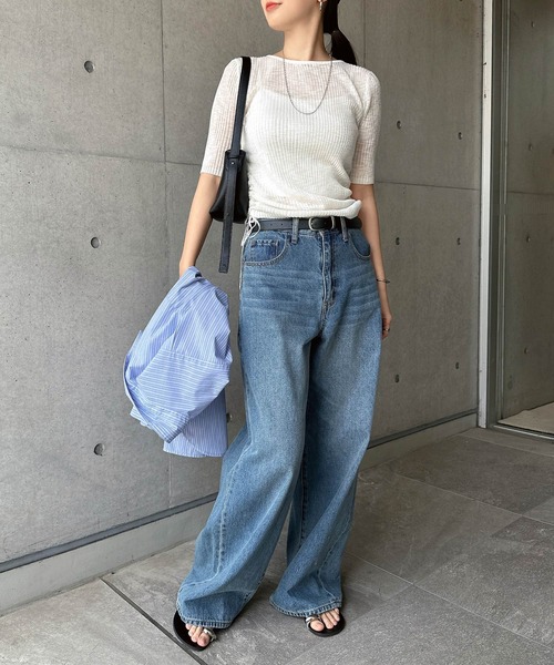 andme(アンドミー)の「シアーバックオープン半袖リブトップス(ニット/セーター・レディース・オフホワイト/ブラック/ブラウン系その他/ベージュ・M)」の13枚目の写真