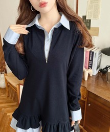 極美品♡ 【ストレッチシフォン】マスタード×ネイビー フリルワンピース サイズ7 ワンピース（ブルー・ネイビー/青色系・フリル）ファッション