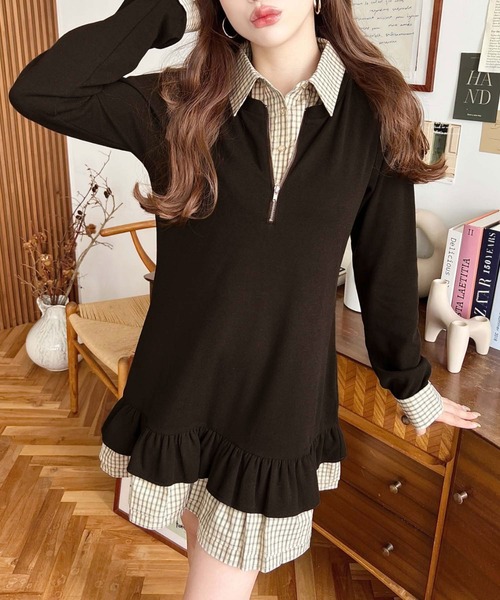 セール】シャツドッキングフリルミニワンピース（ワンピース