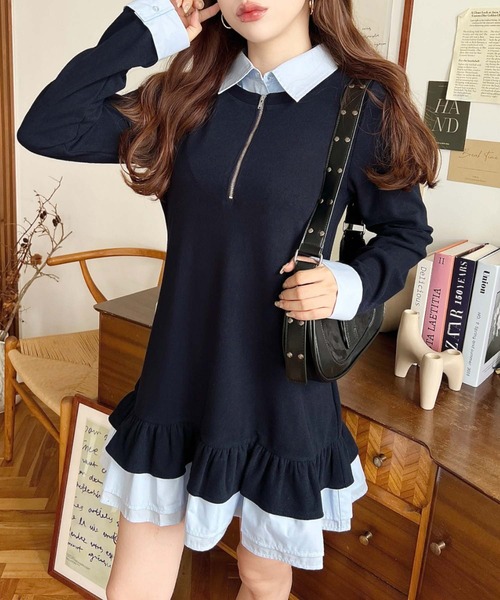 シャツドッキングフリルミニワンピース セール】シャツドッキングフリルミニワンピース（ワンピース