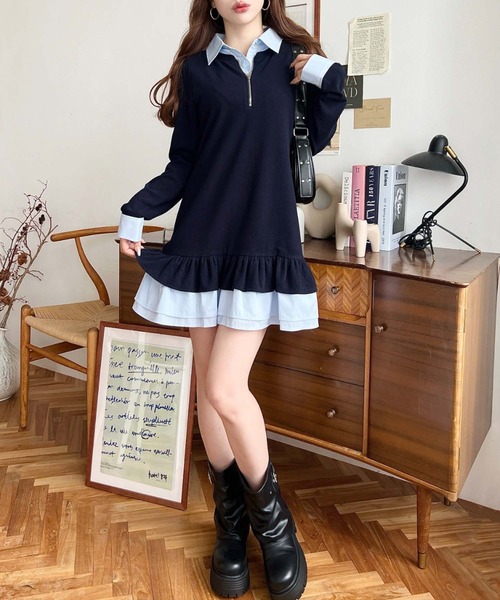 新品タグ付　シャツドッキングフリルミニワンピース　グレー　水色 限定カラー】シャツドッキングフリルミニワンピース（ミニワンピース