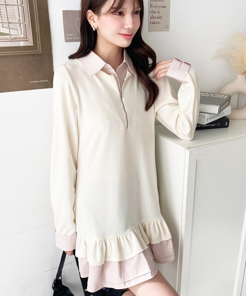 シャツドッキングフリルミニワンピース セール】シャツドッキングフリルミニワンピース（ワンピース