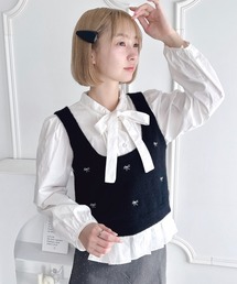 Loueme | 【2点SET】ボウタイブラウス+リボン刺繍ベスト(シャツ/ブラウス)