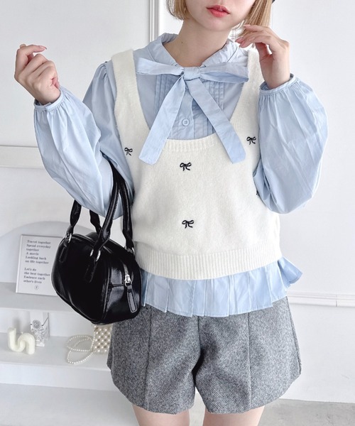 Loueme(ルエム)の「【2点SET】ボウタイブラウス+リボン刺繍ベスト(シャツ/ブラウス・レディース・ブラック/オフホワイト/グレー/ピンク・FREE)」の22枚目の写真