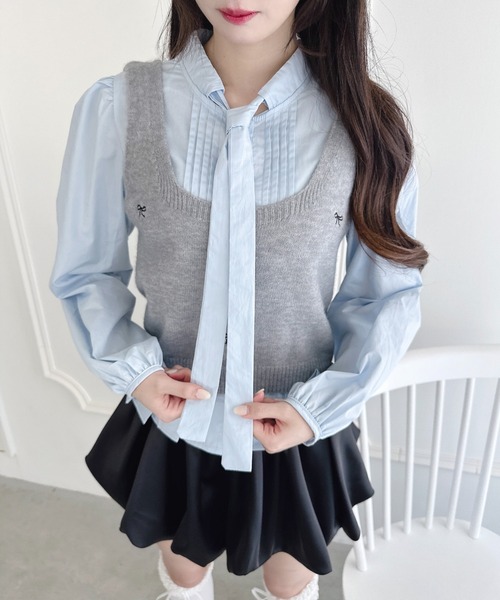 Loueme(ルエム)の「【2点SET】ボウタイブラウス+リボン刺繍ベスト(シャツ/ブラウス・レディース・ブラック/オフホワイト/グレー/ピンク・FREE)」の18枚目の写真