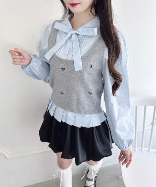 Loueme(ルエム)の「【2点SET】ボウタイブラウス+リボン刺繍ベスト(シャツ/ブラウス・レディース・ブラック/オフホワイト/グレー/ピンク・FREE)」の13枚目の写真