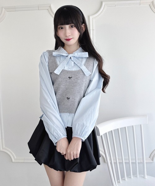 Loueme(ルエム)の「【2点SET】ボウタイブラウス+リボン刺繍ベスト(シャツ/ブラウス・レディース・ブラック/オフホワイト/グレー/ピンク・FREE)」の15枚目の写真