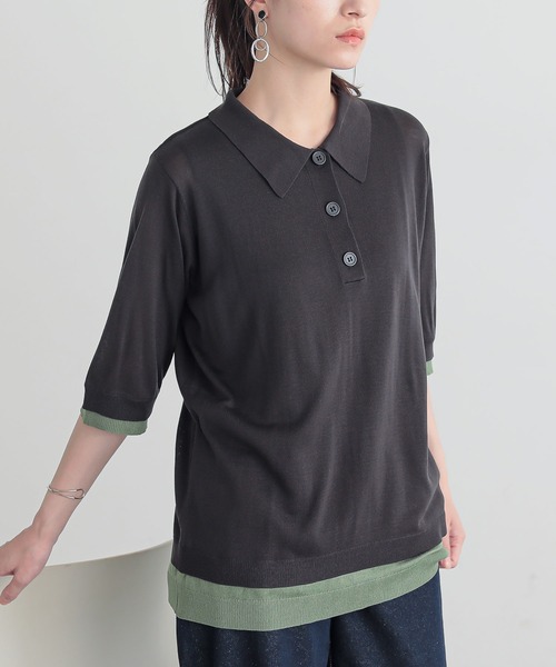 n'OrLABEL(ノアールレーベル)の「『レイヤード風配色シアーポロニット』(ポロシャツ・レディース・スミクロ/ネイビー/パープル・1/2)」の2枚目の写真