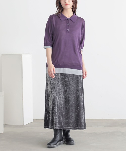 n'OrLABEL(ノアールレーベル)の「『レイヤード風配色シアーポロニット』(ポロシャツ・レディース・スミクロ/ネイビー/パープル・1/2)」の9枚目の写真