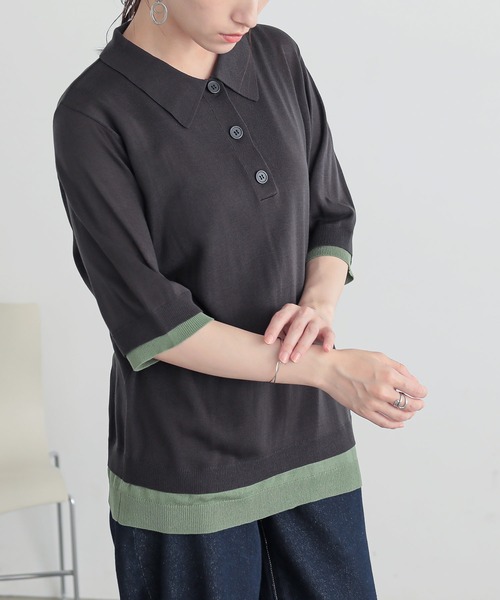 n'OrLABEL(ノアールレーベル)の「『レイヤード風配色シアーポロニット』(ポロシャツ・レディース・スミクロ/ネイビー/パープル・1/2)」の11枚目の写真