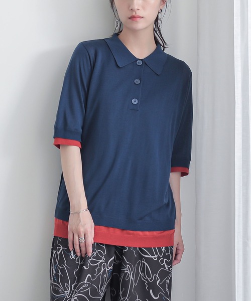 n'OrLABEL(ノアールレーベル)の「『レイヤード風配色シアーポロニット』(ポロシャツ・レディース・スミクロ/ネイビー/パープル・1/2)」の16枚目の写真