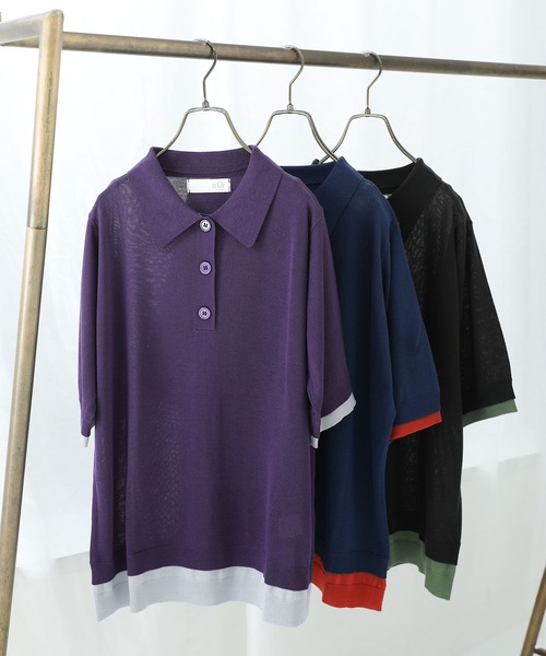 n'OrLABEL(ノアールレーベル)の「『レイヤード風配色シアーポロニット』(ポロシャツ・レディース・スミクロ/ネイビー/パープル・1/2)」の4枚目の写真
