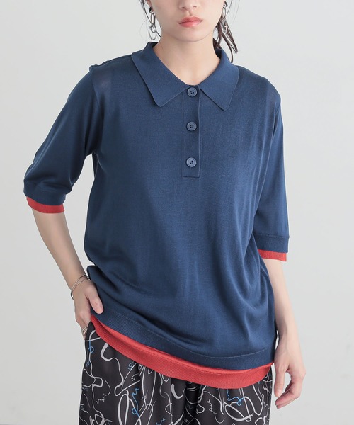 n'OrLABEL(ノアールレーベル)の「『レイヤード風配色シアーポロニット』(ポロシャツ・レディース・スミクロ/ネイビー/パープル・1/2)」の17枚目の写真