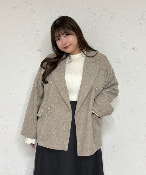 【大きいサイズ】チャーム付きツイードライクゴールドダブルボタンジャケット