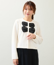 Rose Tiara ノーカラー　ジャケット 白黒　大きいサイズ　ローズティアラ Rose Tiara｜ローズティアラのノーカラージャケット（ホワイト