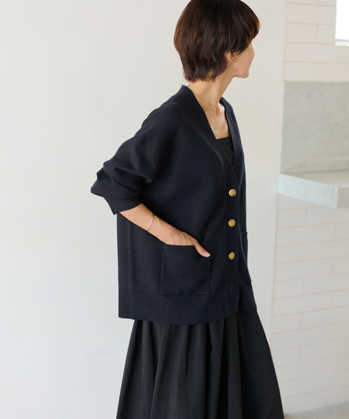 コットンカシミヤミックスダブルニットVネックカーディガン